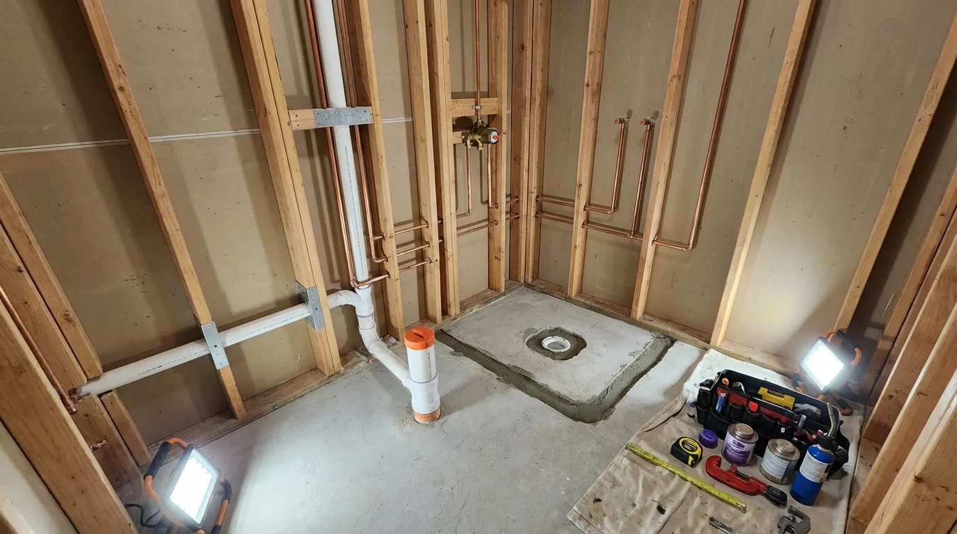 Bathroom rough-in plumbing during remodel by Johns Plumbing LLC in Great Neck