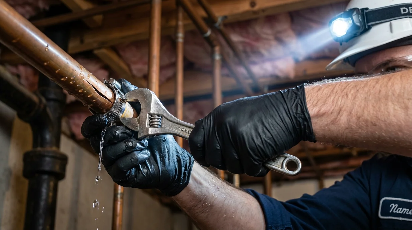 Emergency pipe clamp repair being performed by a Johns Plumbing LLC plumber in Great Neck