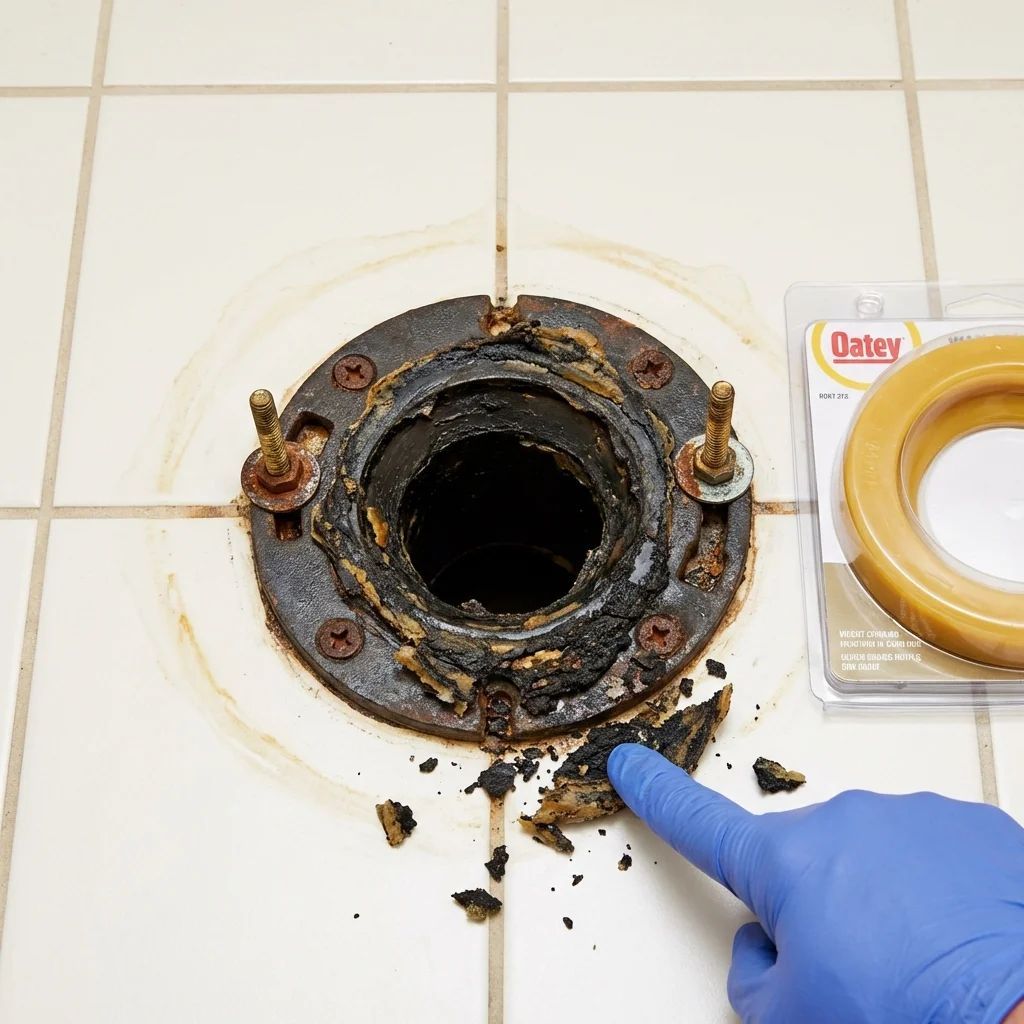 Failed wax ring showing water seepage at the base of a toilet in a Great Neck, NY home