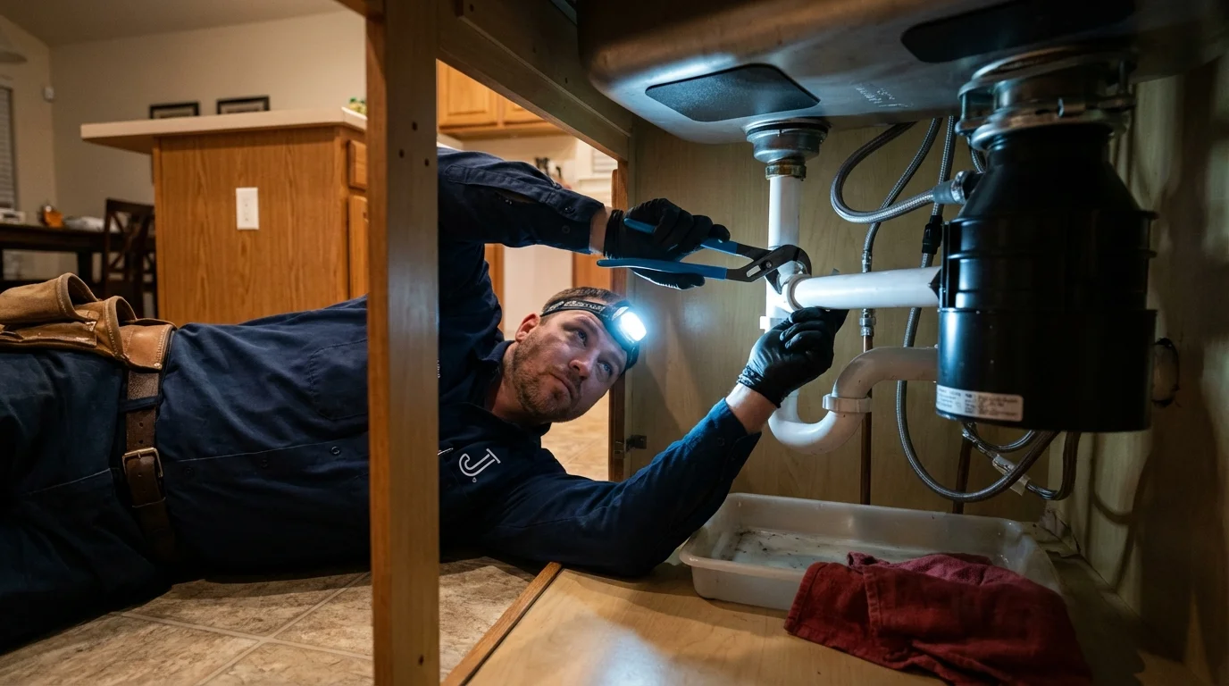 P-trap and supply line connections under a kitchen sink showing a common leak point in Great Neck, NY